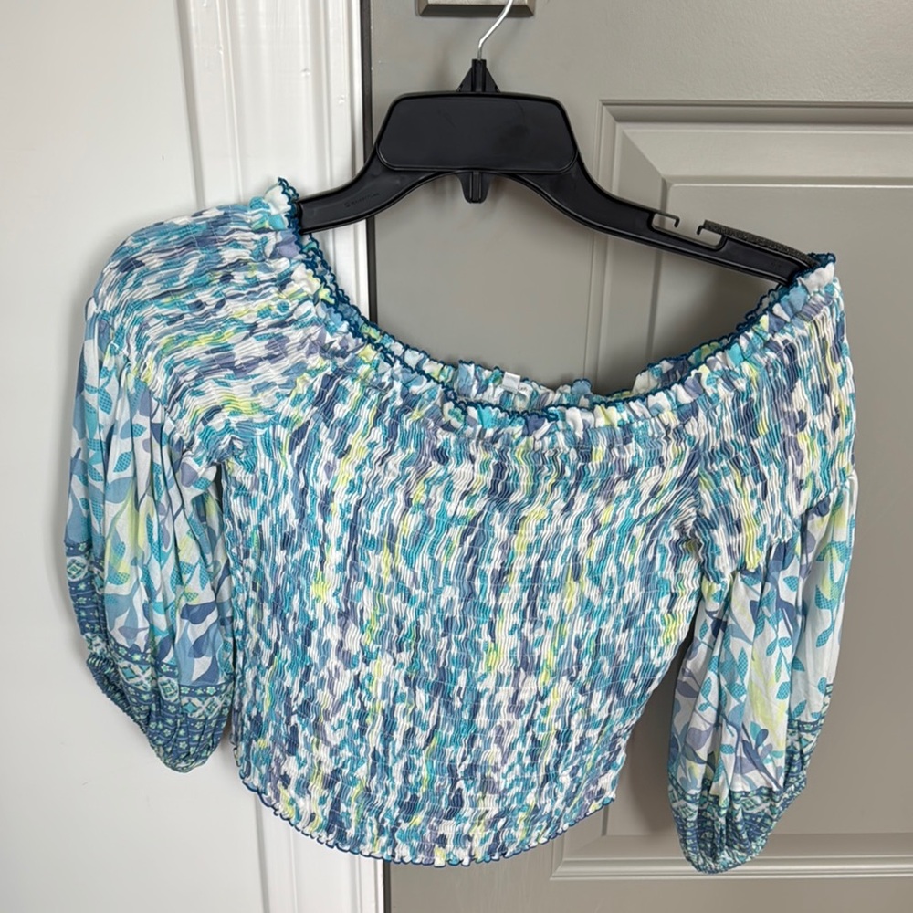 Poupette St. Barth Blue Smocked Puff Sleeve Blouse